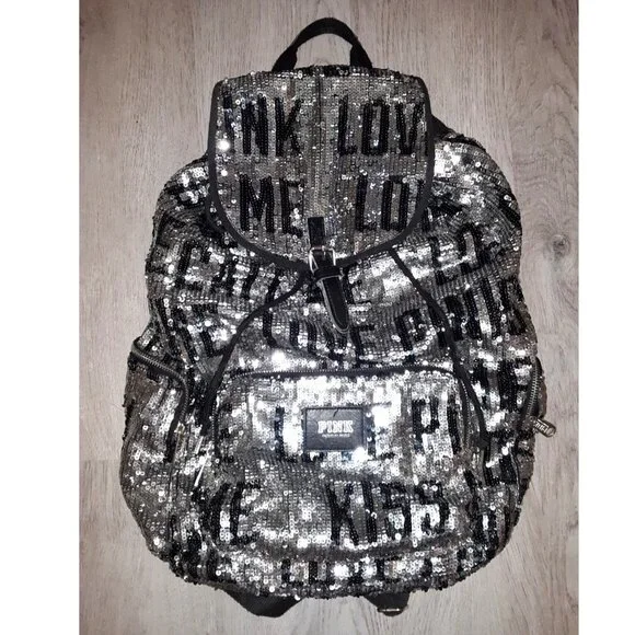 Victoria\'s Secret PINK Drawstring Silver Sequin Bling Large Backpack Pockets Y2K Victoria\ main image 4